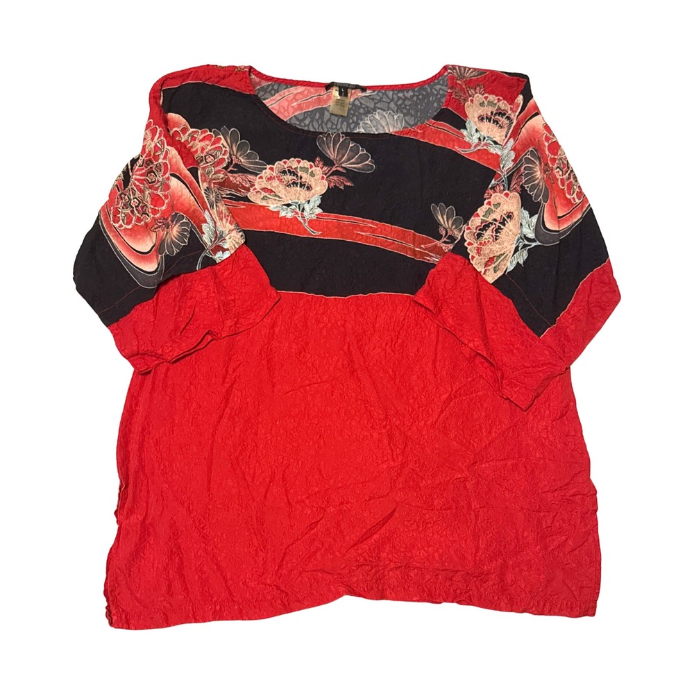 Dressori Silk Floral Butterfly Crinkle Tunic Blouse Red Black Kimono Sleeve L